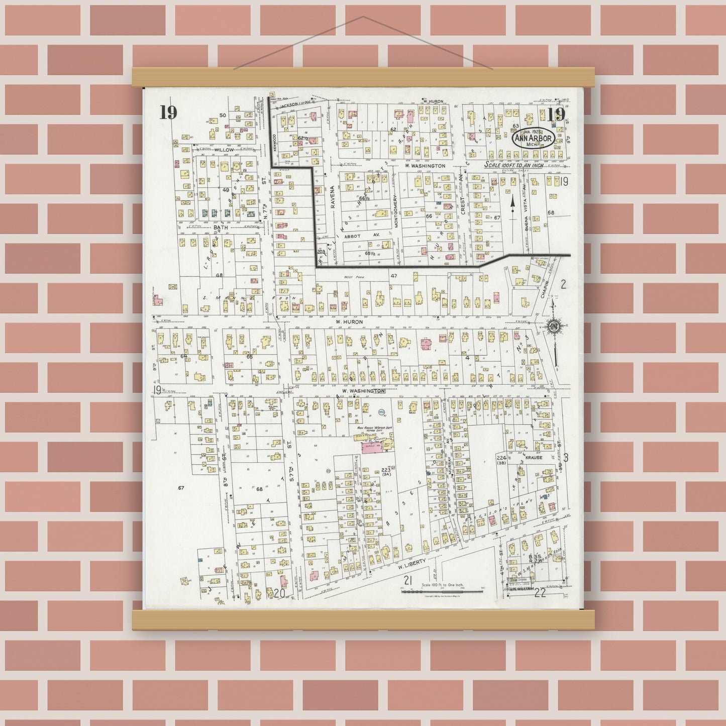 Old map wall art mockup — magnetic wood frame on brick wall — Sanborn Fire Insurance Map from Ann Arbor, Washtenaw County, Michigan (1925), Sheet #0019