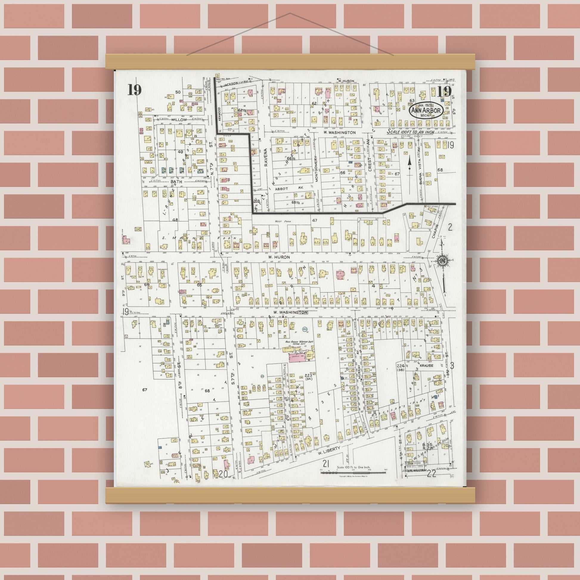 Old map wall art mockup — magnetic wood frame on brick wall — Sanborn Fire Insurance Map from Ann Arbor, Washtenaw County, Michigan (1925), Sheet #0019