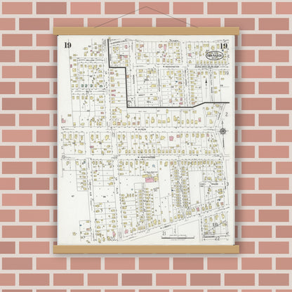 Old map wall art mockup — magnetic wood frame on brick wall — Sanborn Fire Insurance Map from Ann Arbor, Washtenaw County, Michigan (1925), Sheet #0019