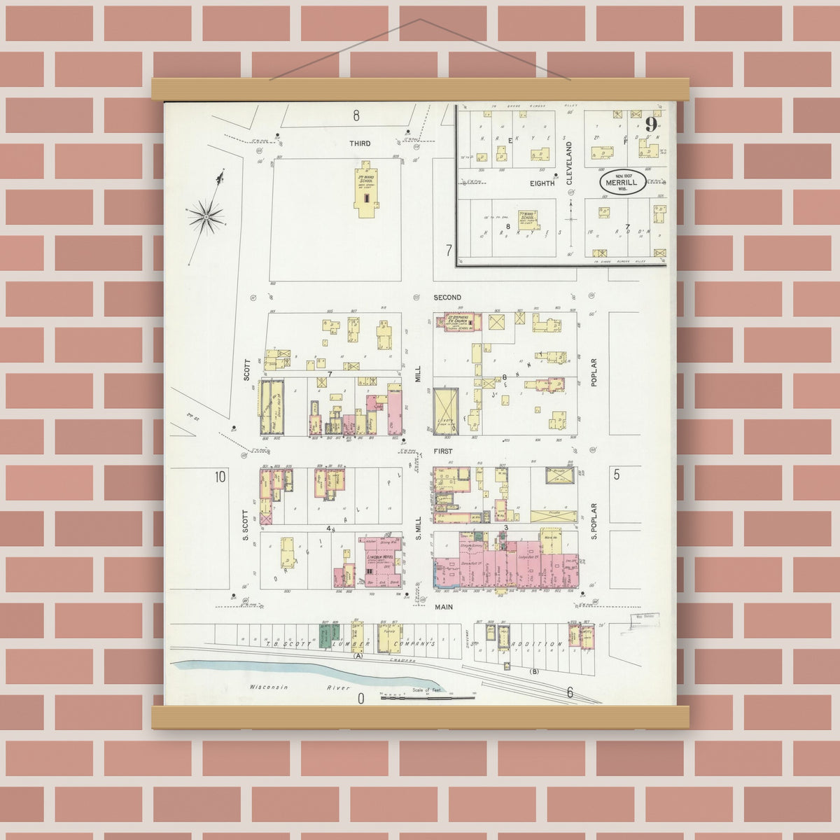 Old map wall art mockup — magnetic wood frame on brick wall — Sanborn Fire Insurance Map from Merrill, Lincoln County, Wisconsin (1907), Sheet #0009
