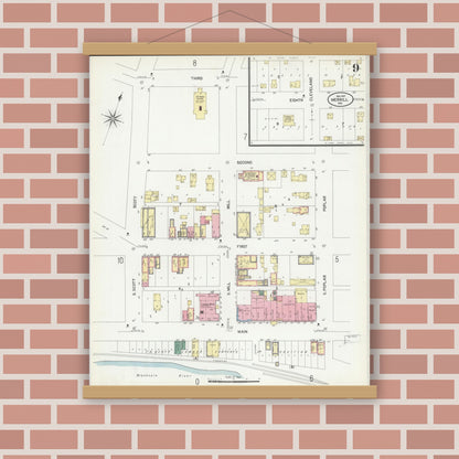 Old map wall art mockup — magnetic wood frame on brick wall — Sanborn Fire Insurance Map from Merrill, Lincoln County, Wisconsin (1907), Sheet #0009