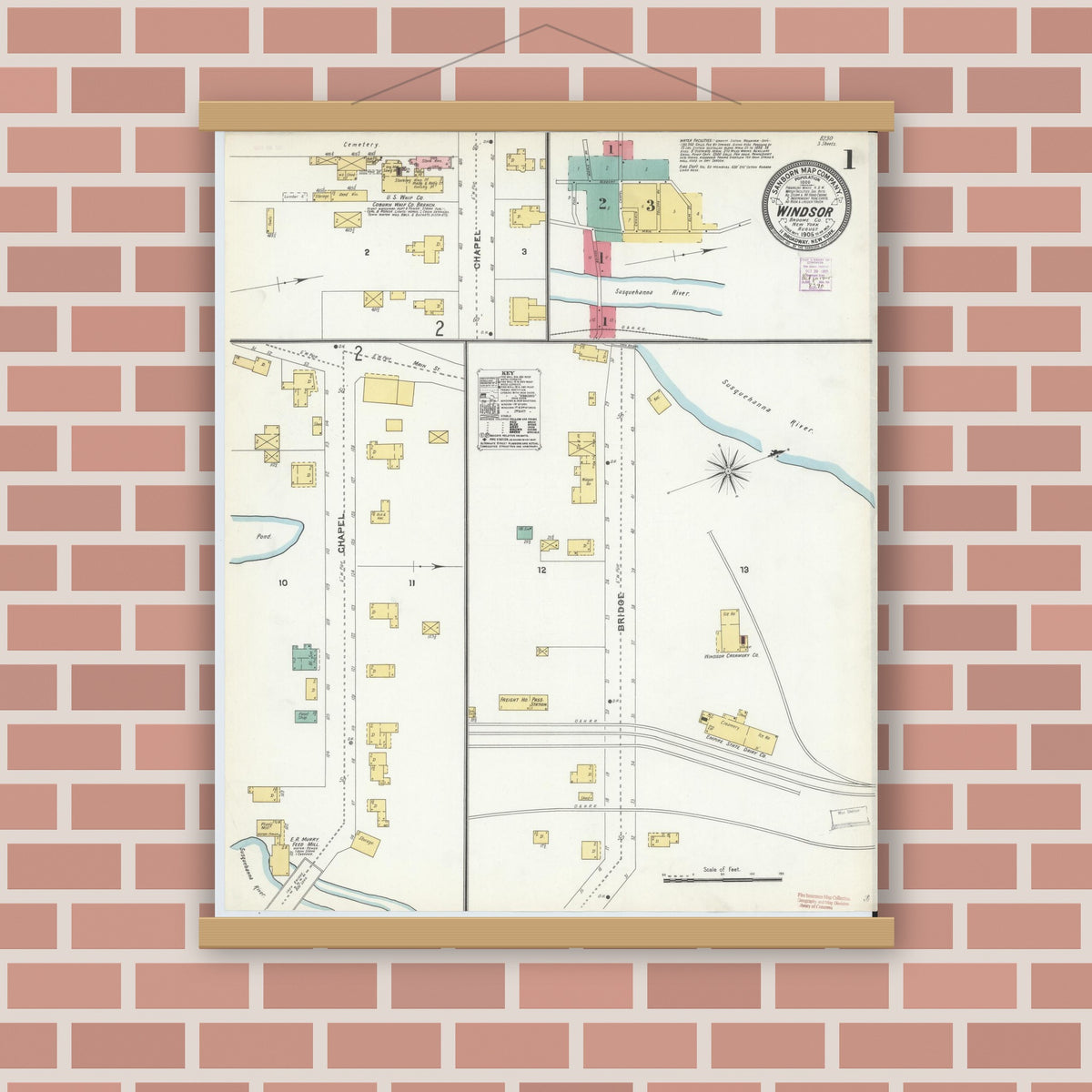 Old map wall art mockup — magnetic wood frame on brick wall — Sanborn Fire Insurance Map from Windsor, Broome County, New York (1905), Sheet #0001