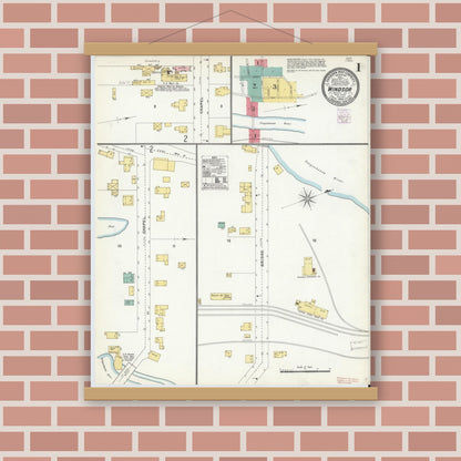 Old map wall art mockup — magnetic wood frame on brick wall — Sanborn Fire Insurance Map from Windsor, Broome County, New York (1905), Sheet #0001