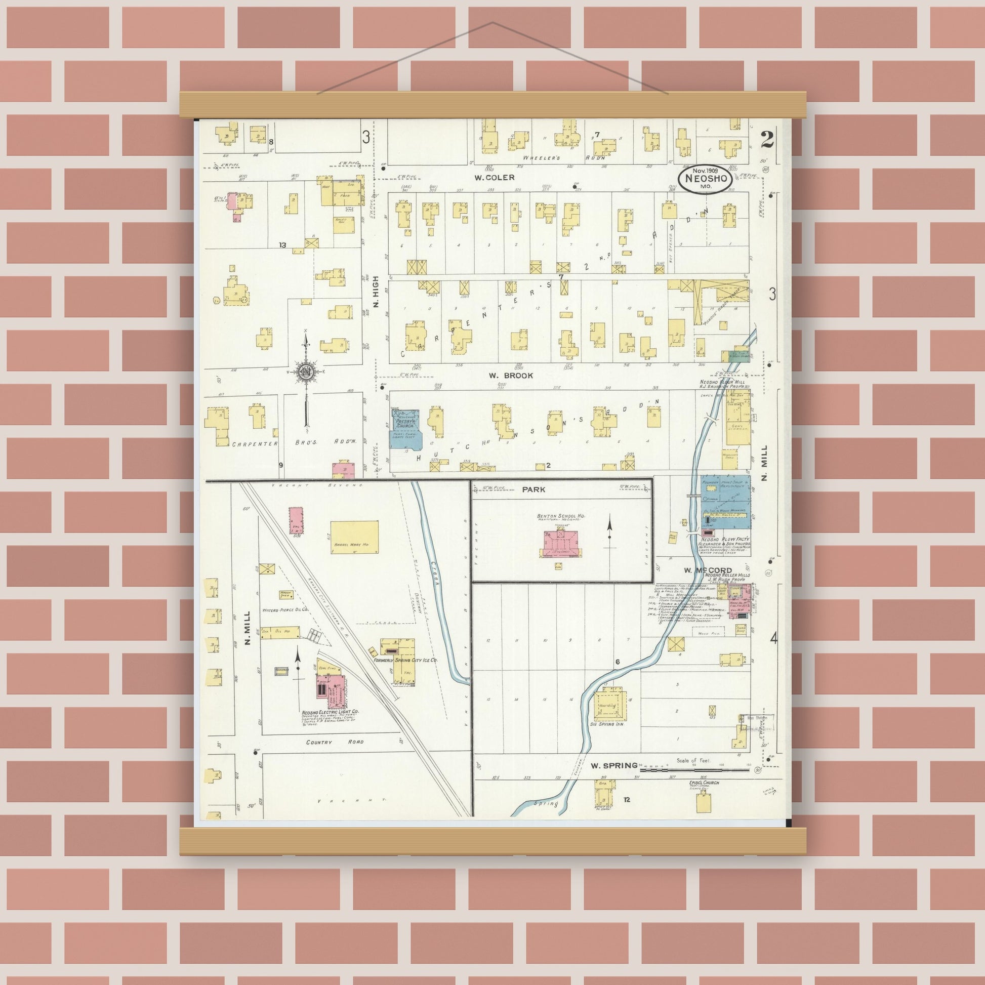 Old map wall art mockup — magnetic wood frame on brick wall — Sanborn Fire Insurance Map from Neosho, Newton County, Missouri (1909), Sheet #0002