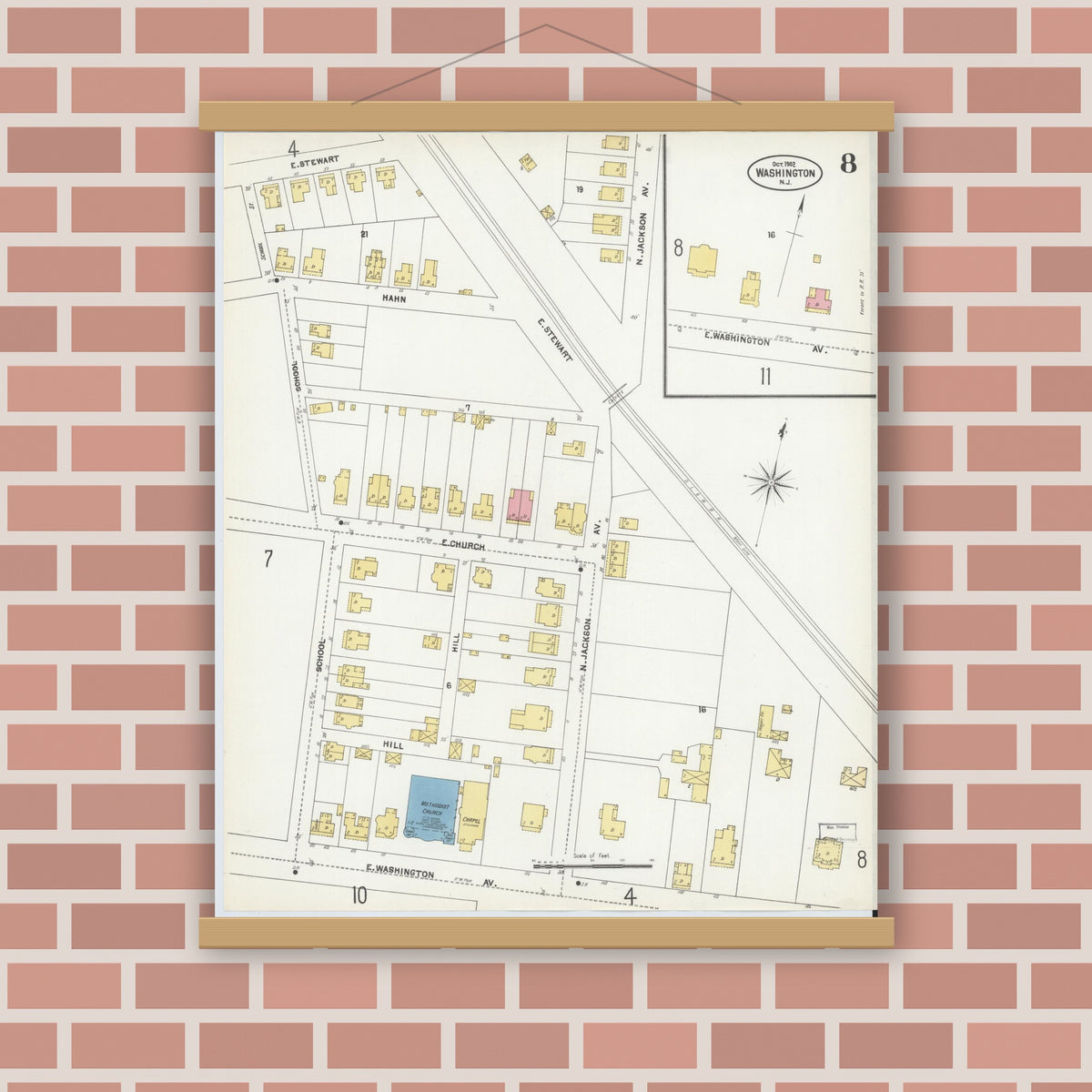 Old map wall art mockup — magnetic wood frame on brick wall — Sanborn Fire Insurance Map from Washington, Warren County, New Jersey (1902), Sheet #0008