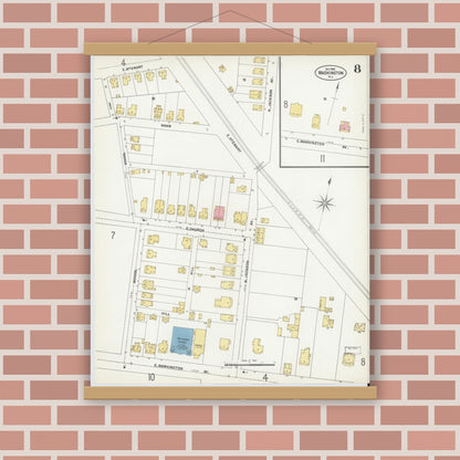 Old map wall art mockup — magnetic wood frame on brick wall — Sanborn Fire Insurance Map from Washington, Warren County, New Jersey (1902), Sheet #0008