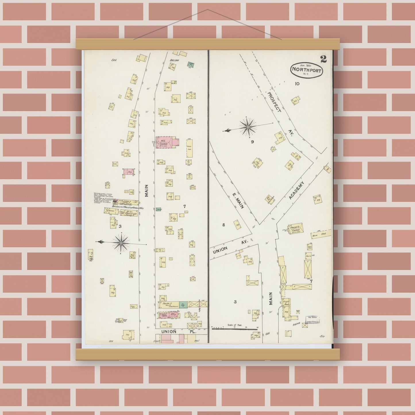 Old map wall art mockup — magnetic wood frame on brick wall — Sanborn Fire Insurance Map from Northport, Suffolk County, New York (1891), Sheet #0002