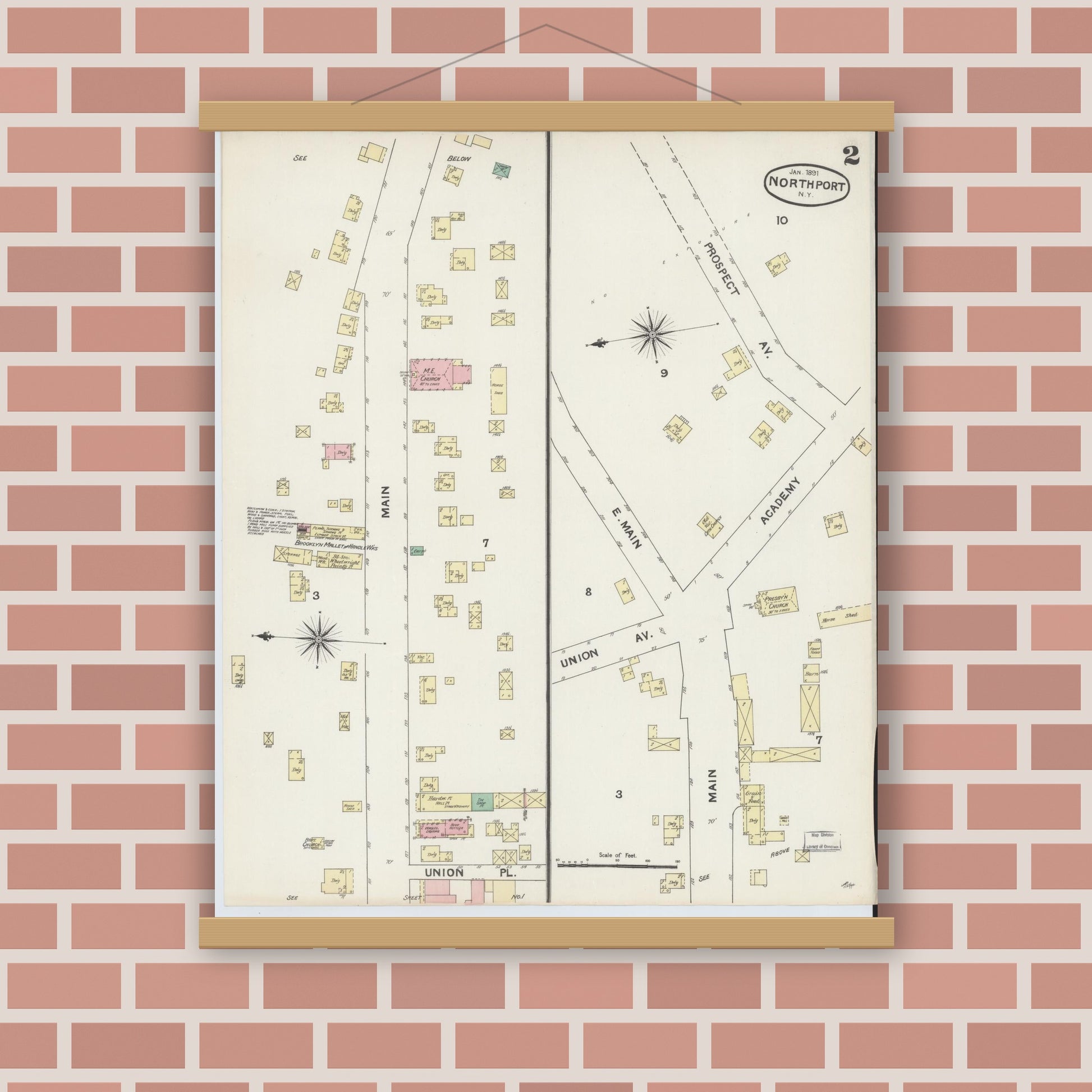 Old map wall art mockup — magnetic wood frame on brick wall — Sanborn Fire Insurance Map from Northport, Suffolk County, New York (1891), Sheet #0002
