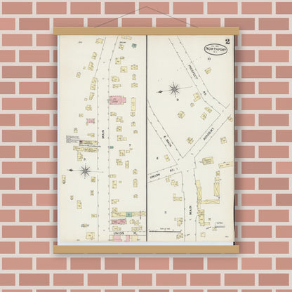 Old map wall art mockup — magnetic wood frame on brick wall — Sanborn Fire Insurance Map from Northport, Suffolk County, New York (1891), Sheet #0002