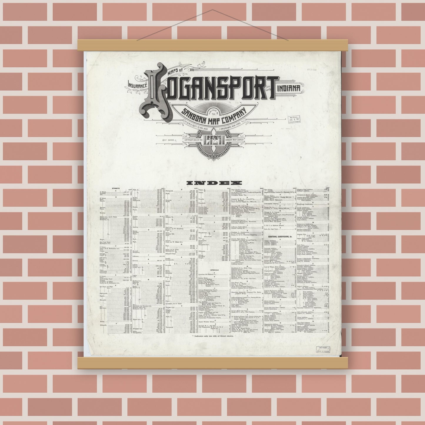 Old map wall art mockup — magnetic wood frame on brick wall — Sanborn Fire Insurance Map from Logansport, Cass County, Indiana (1921), Sheet #0001