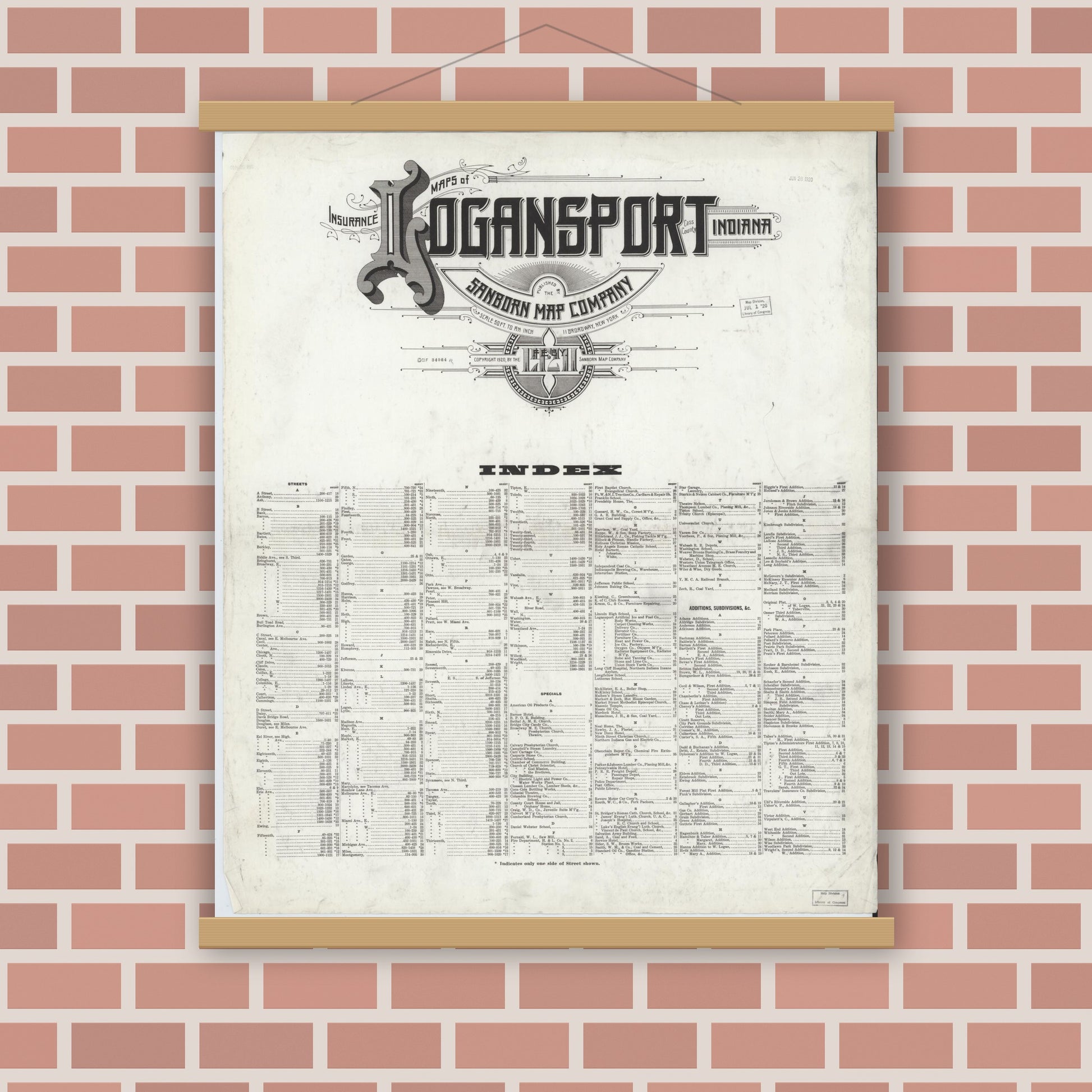 Old map wall art mockup — magnetic wood frame on brick wall — Sanborn Fire Insurance Map from Logansport, Cass County, Indiana (1921), Sheet #0001