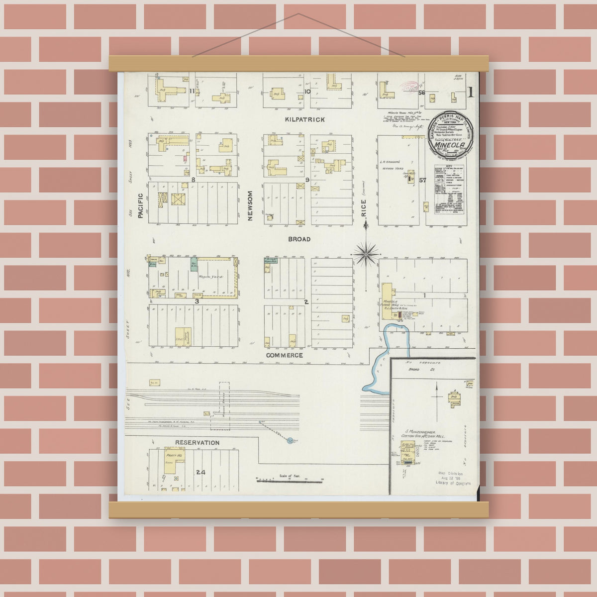 Old map wall art mockup — magnetic wood frame on brick wall — Sanborn Fire Insurance Map from Mineola, Wood County, Texas (1891) - Complete Map Set