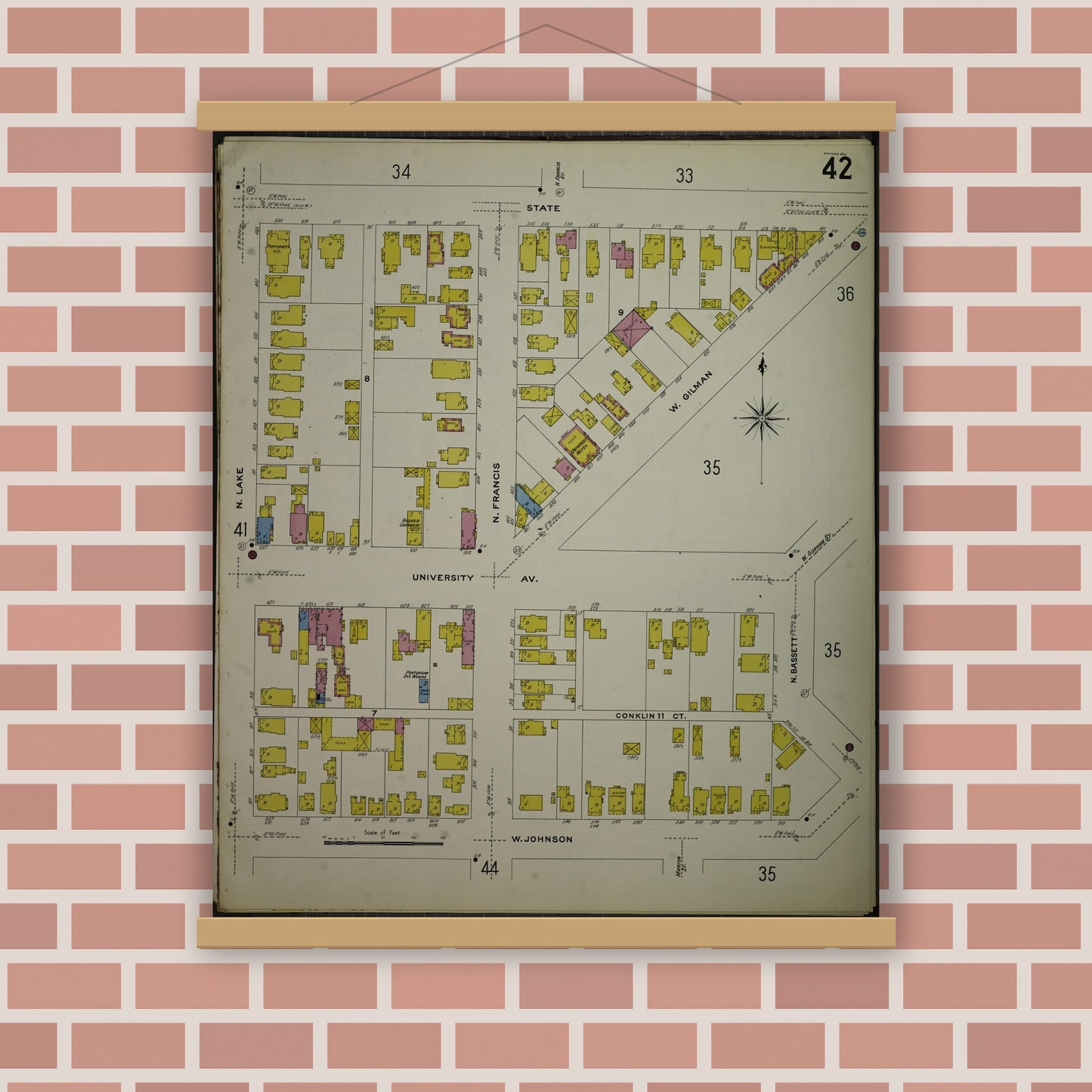 Old map wall art mockup — magnetic wood frame on brick wall — Sanborn Fire Insurance Map from Madison, Dane County, Wisconsin (1908), Sheet #0042
