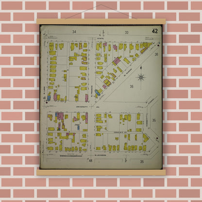 Old map wall art mockup — magnetic wood frame on brick wall — Sanborn Fire Insurance Map from Madison, Dane County, Wisconsin (1908), Sheet #0042