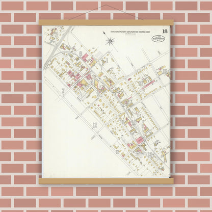 Old map wall art mockup — magnetic wood frame on brick wall — Sanborn Fire Insurance Map from High Point, Guilford County, North Carolina (1906), Sheet #0018