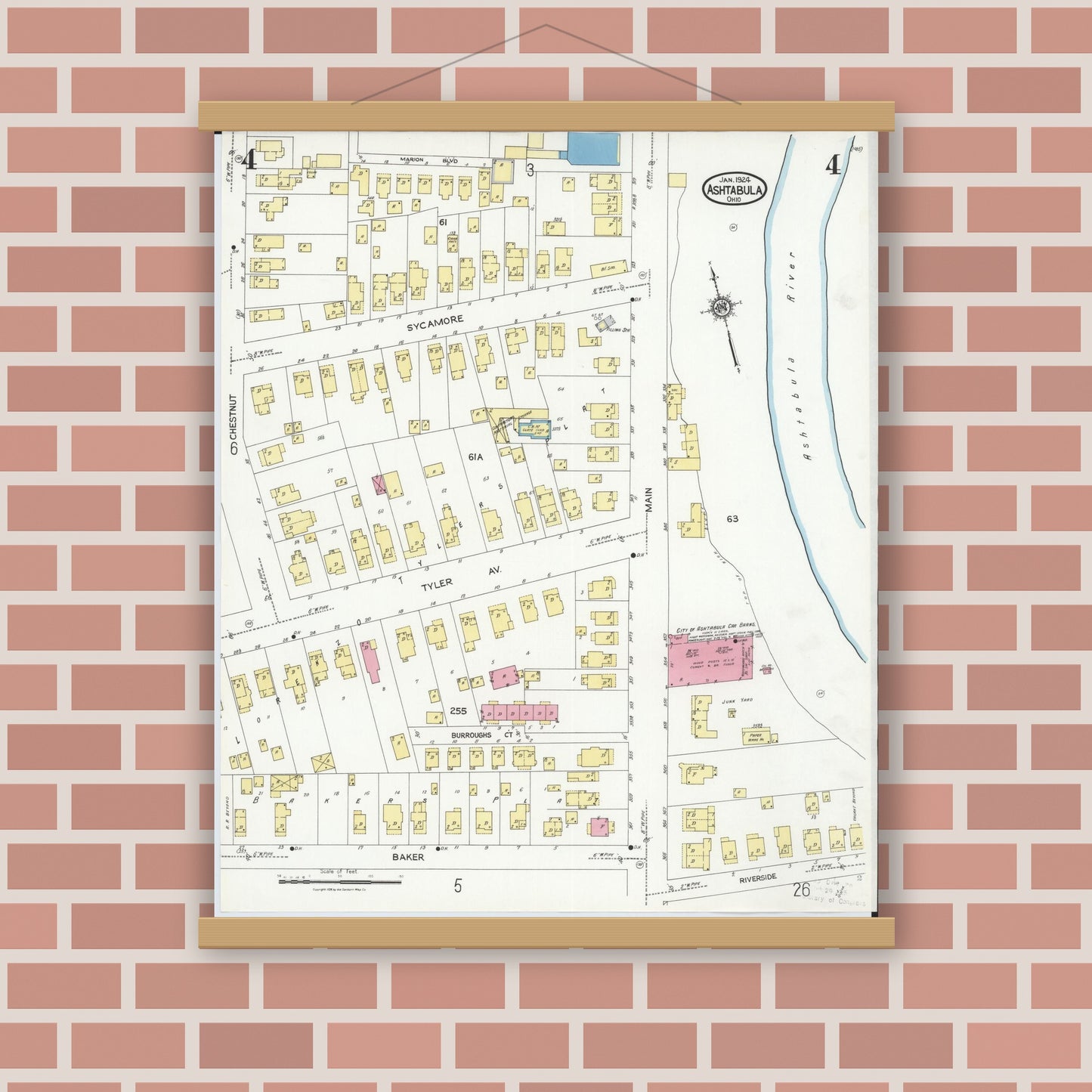 Old map wall art mockup — magnetic wood frame on brick wall — Sanborn Fire Insurance Map from Ashtabula, Ashtabula County, Ohio (1924), Sheet #0004