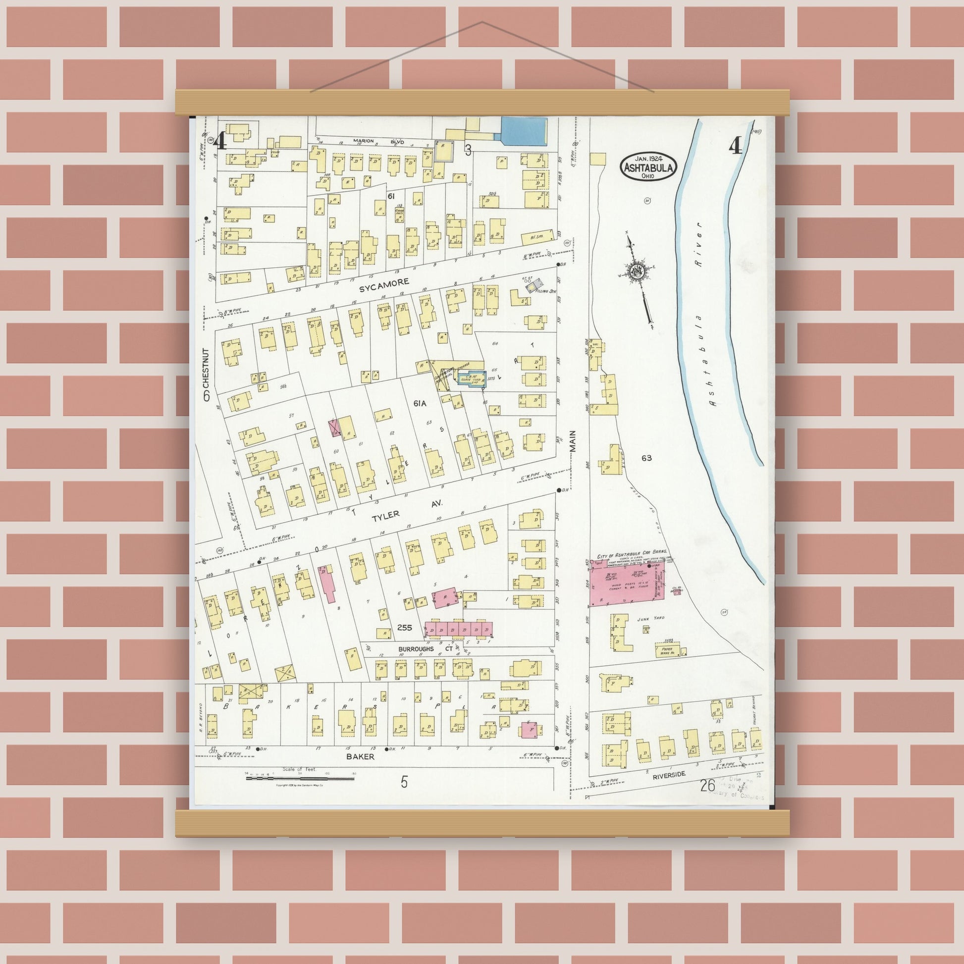 Old map wall art mockup — magnetic wood frame on brick wall — Sanborn Fire Insurance Map from Ashtabula, Ashtabula County, Ohio (1924), Sheet #0004