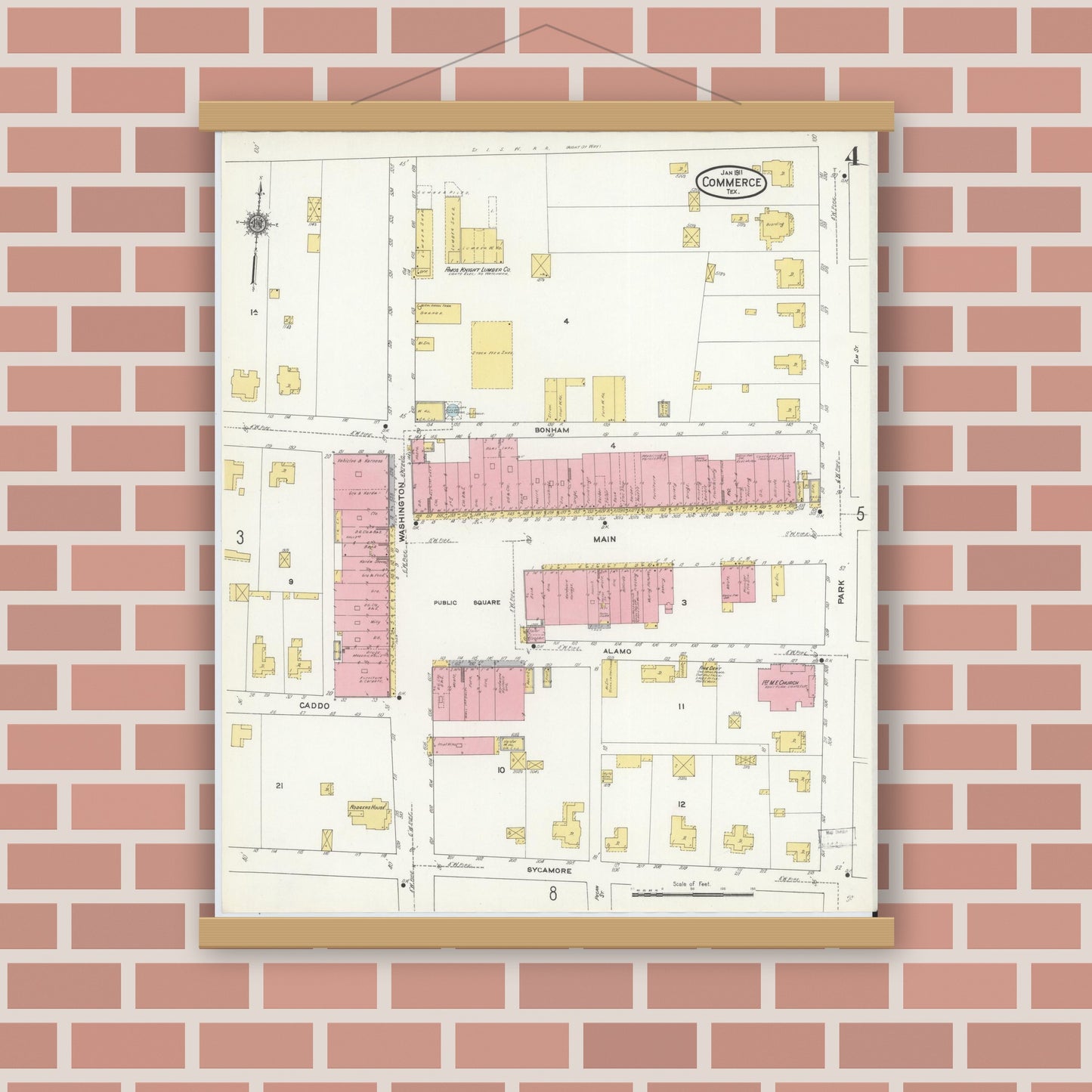 Old map wall art mockup — magnetic wood frame on brick wall — Sanborn Fire Insurance Map from Commerce, Hunt County, Texas (1911), Sheet #0004