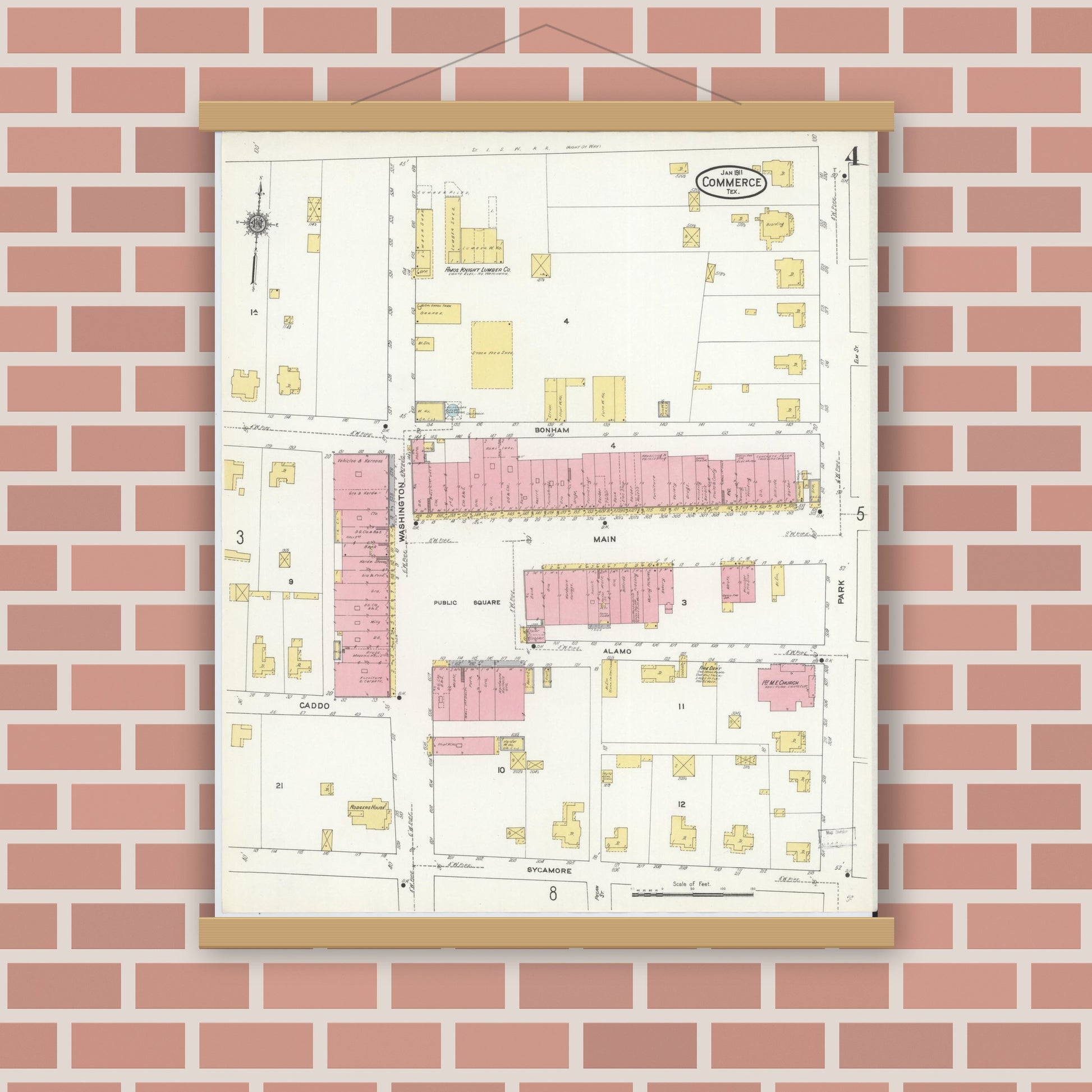 Old map wall art mockup — magnetic wood frame on brick wall — Sanborn Fire Insurance Map from Commerce, Hunt County, Texas (1911), Sheet #0004