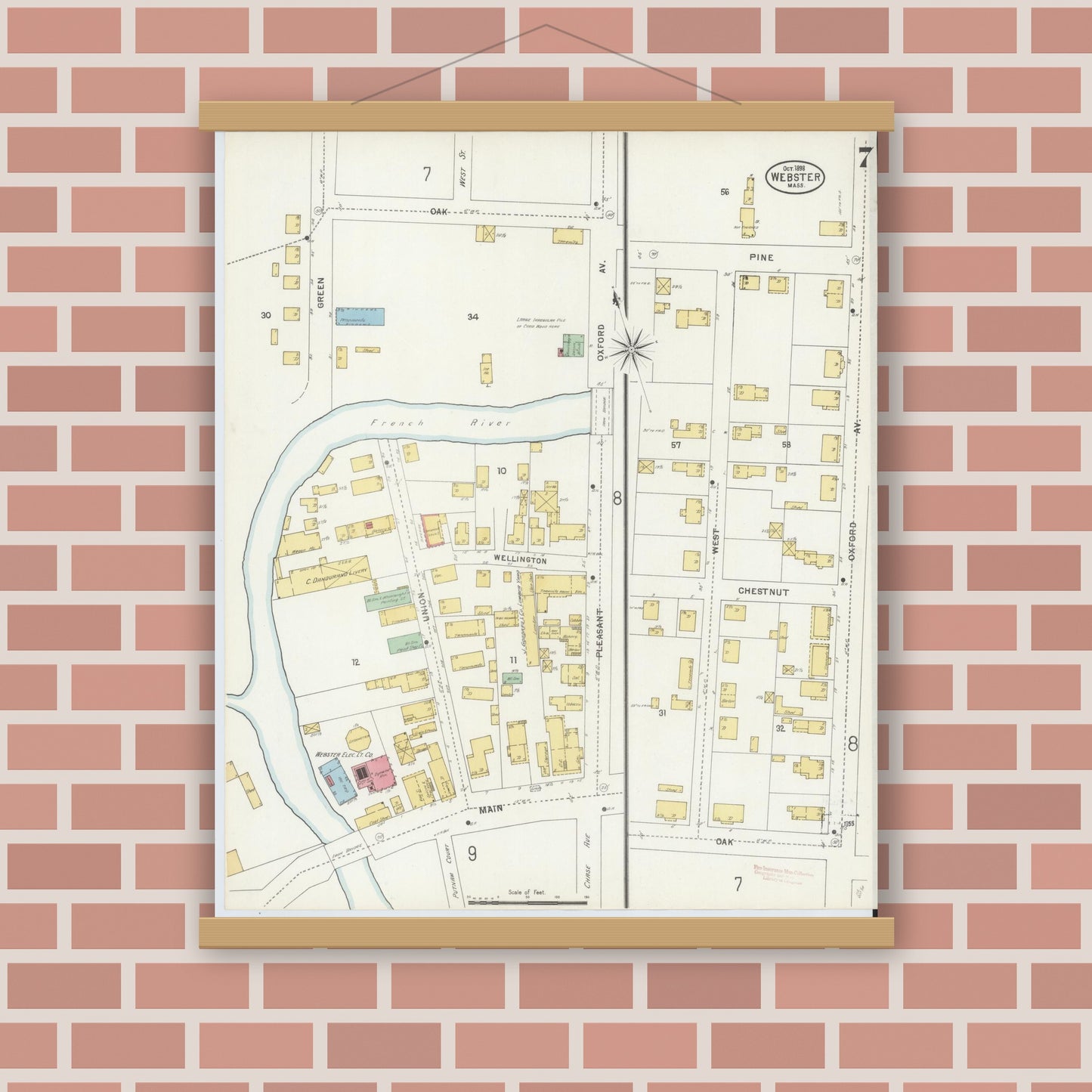 Old map wall art mockup — magnetic wood frame on brick wall — Sanborn Fire Insurance Map from Webster, Worcester County, Massachusetts (1898), Sheet #0007