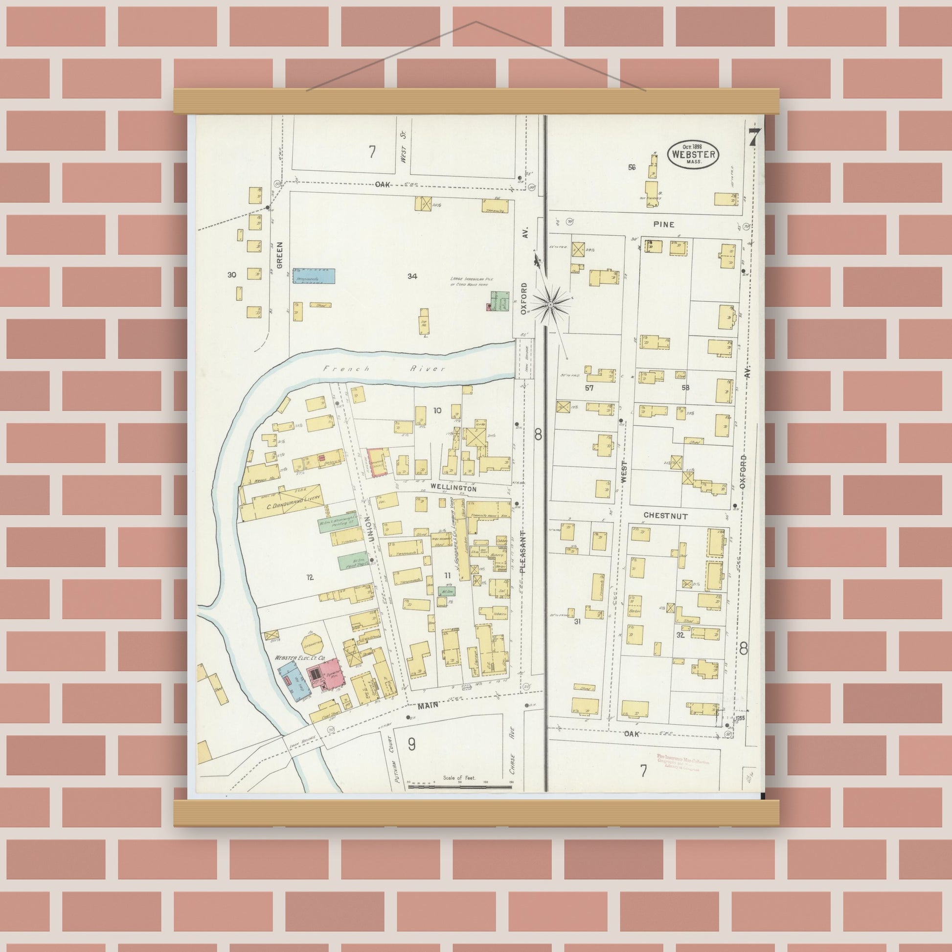 Old map wall art mockup — magnetic wood frame on brick wall — Sanborn Fire Insurance Map from Webster, Worcester County, Massachusetts (1898), Sheet #0007