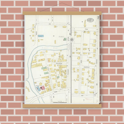 Old map wall art mockup — magnetic wood frame on brick wall — Sanborn Fire Insurance Map from Webster, Worcester County, Massachusetts (1898), Sheet #0007