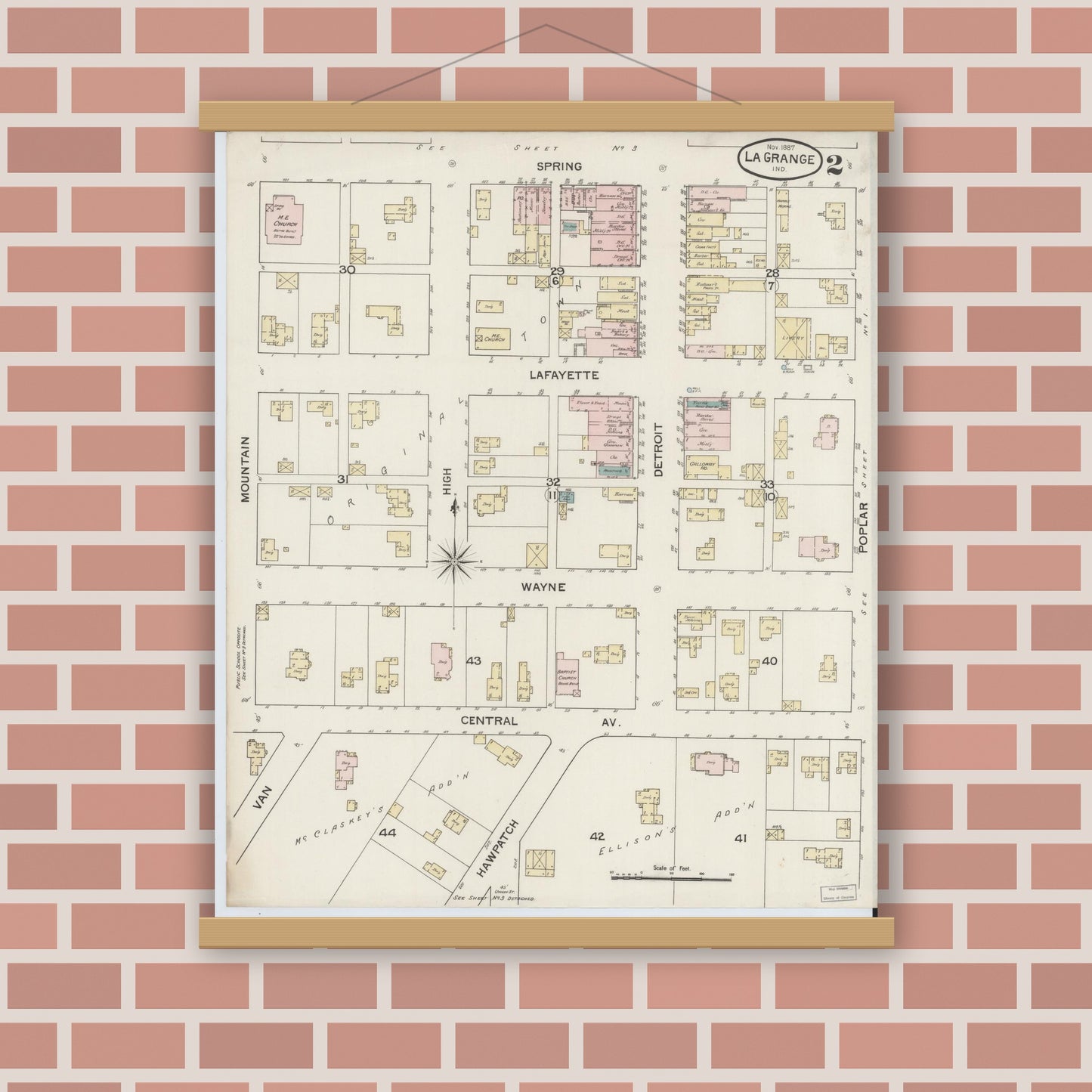 Old map wall art mockup — magnetic wood frame on brick wall — Sanborn Fire Insurance Map from Lagrange, LaGrange County, Indiana (1887), Sheet #0002