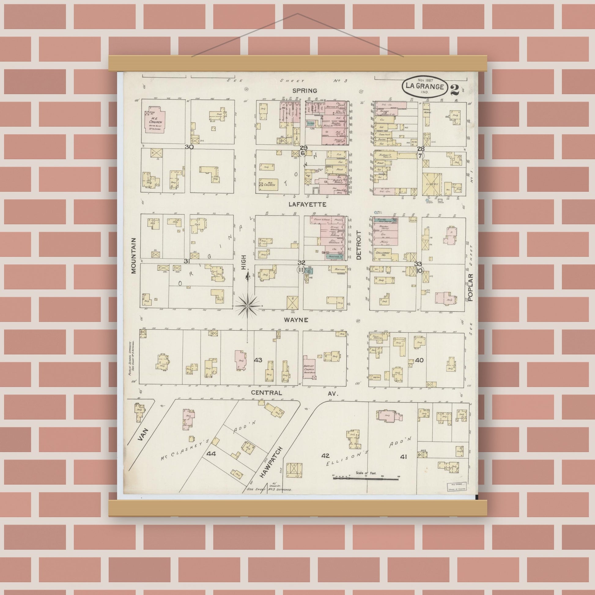 Old map wall art mockup — magnetic wood frame on brick wall — Sanborn Fire Insurance Map from Lagrange, LaGrange County, Indiana (1887), Sheet #0002