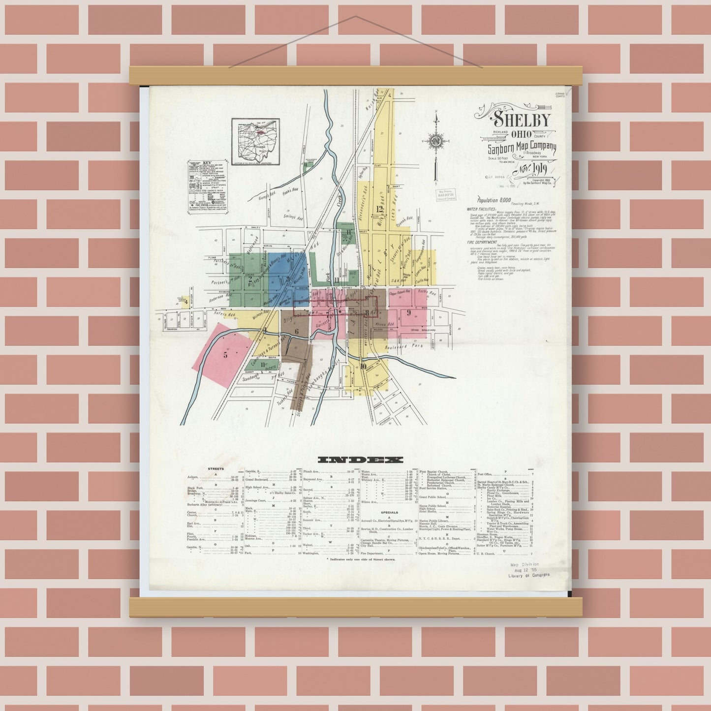 Old map wall art mockup — magnetic wood frame on brick wall — Sanborn Fire Insurance Map from Shelby, Richland County, Ohio (1919), Sheet #0001