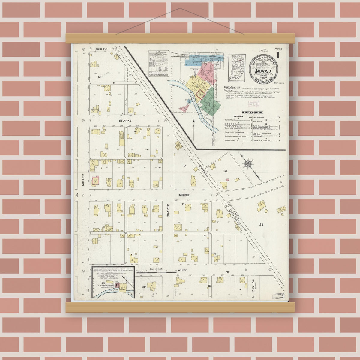 Old map wall art mockup — magnetic wood frame on brick wall — Sanborn Fire Insurance Map from Markle, Huntington County, Indiana (1914), Sheet #0001