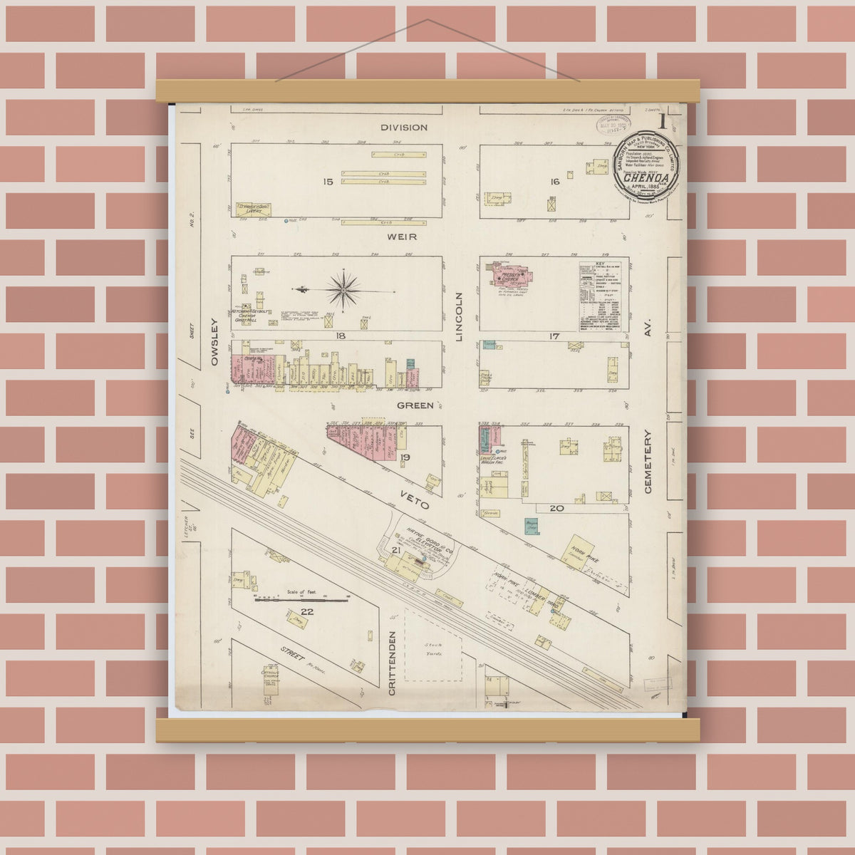 Old map wall art mockup — magnetic wood frame on brick wall — Sanborn Fire Insurance Map from Chenoa, McLean County, Illinois (1885) - Complete Map Set