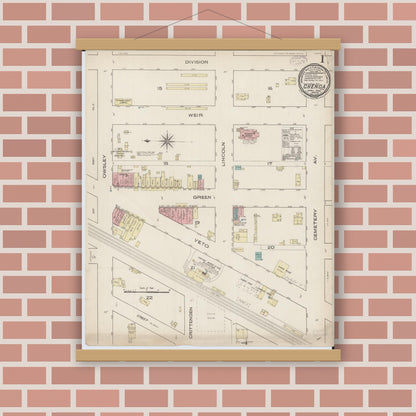 Old map wall art mockup — magnetic wood frame on brick wall — Sanborn Fire Insurance Map from Chenoa, McLean County, Illinois (1885) - Complete Map Set
