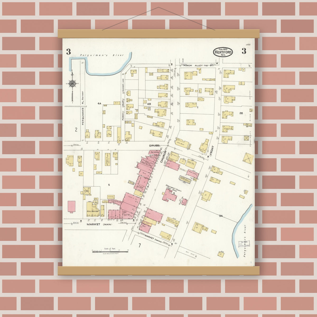 Old map wall art mockup — magnetic wood frame on brick wall — Sanborn Fire Insurance Map from Hertford, Perquimans County, North Carolina (1923), Sheet #0003