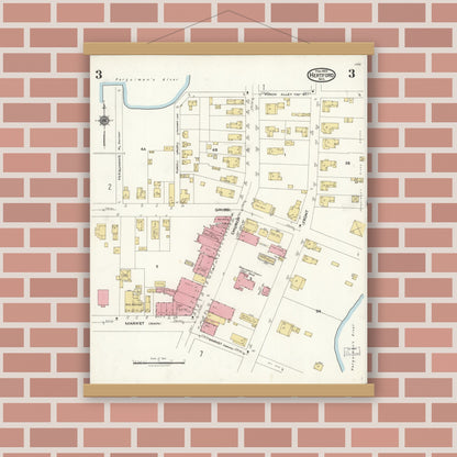 Old map wall art mockup — magnetic wood frame on brick wall — Sanborn Fire Insurance Map from Hertford, Perquimans County, North Carolina (1923), Sheet #0003