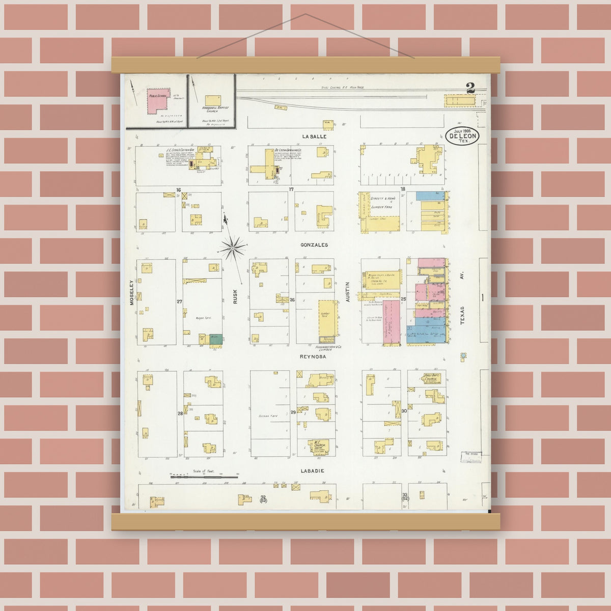 Old map wall art mockup — magnetic wood frame on brick wall — Sanborn Fire Insurance Map from De Leon, Comanche County, Texas (1905), Sheet #0002