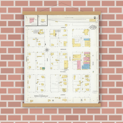 Old map wall art mockup — magnetic wood frame on brick wall — Sanborn Fire Insurance Map from De Leon, Comanche County, Texas (1905), Sheet #0002