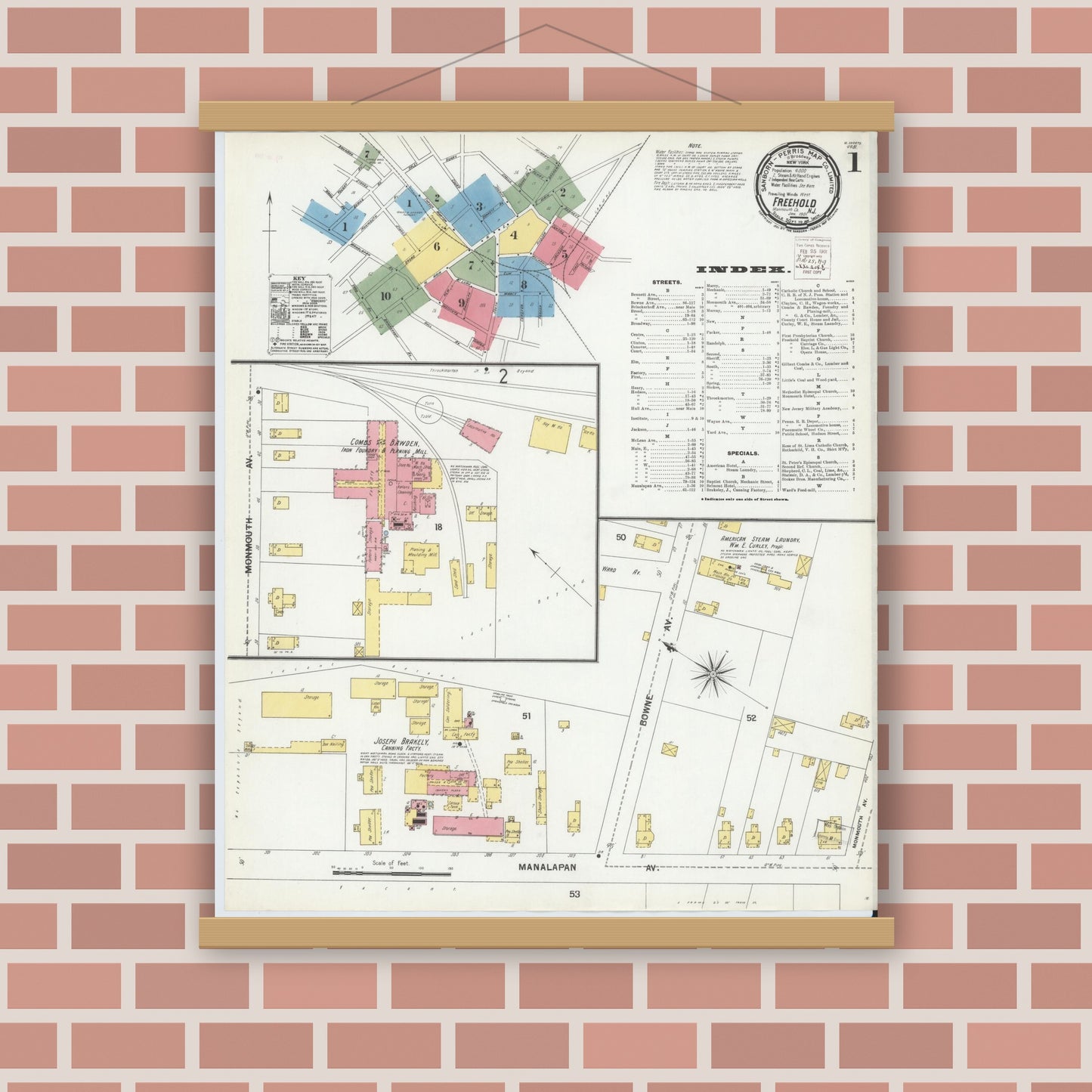 Old map wall art mockup — magnetic wood frame on brick wall — Sanborn Fire Insurance Map from Freehold, Monmouth County, New Jersey (1901) - Complete Map Set