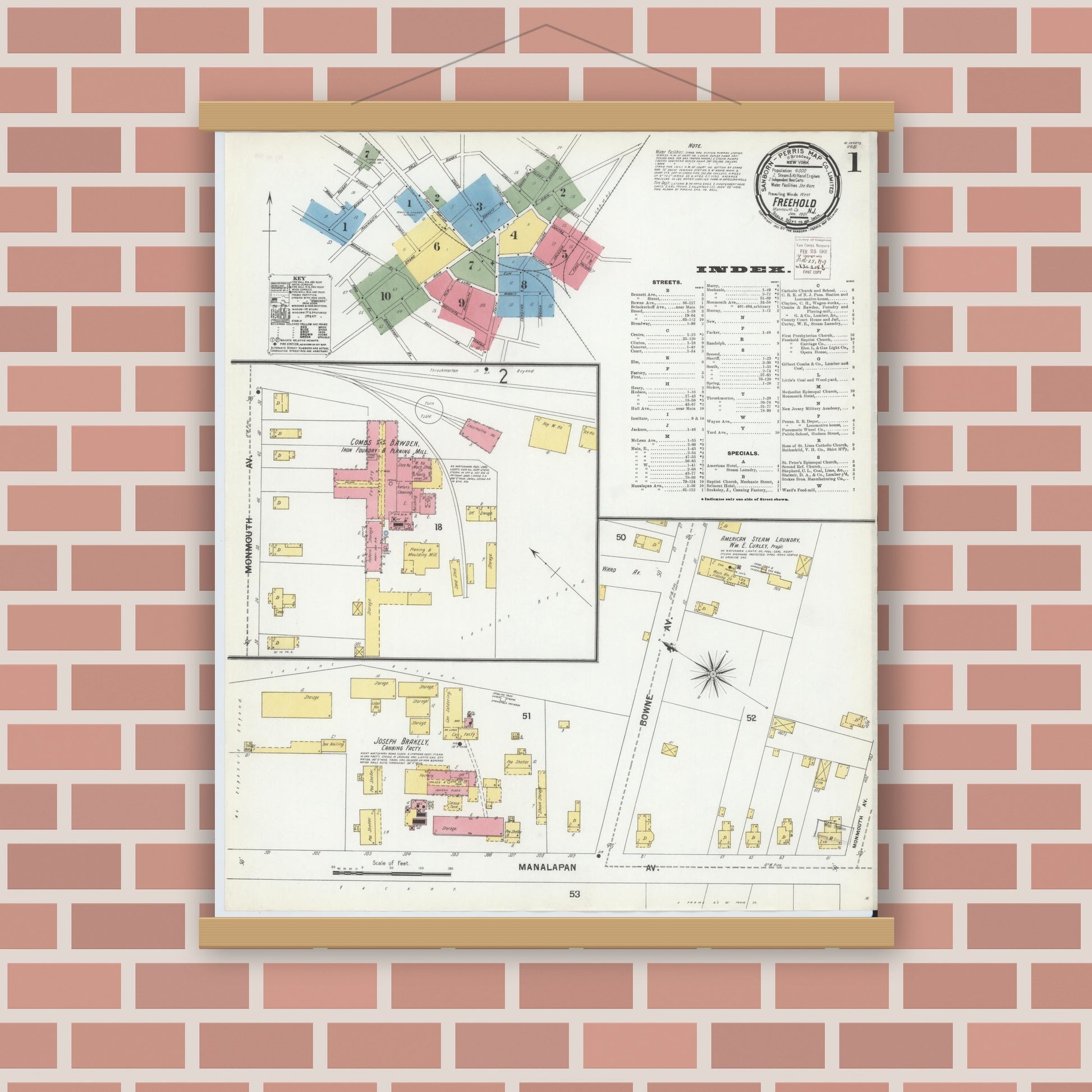 Old map wall art mockup — magnetic wood frame on brick wall — Sanborn Fire Insurance Map from Freehold, Monmouth County, New Jersey (1901) - Complete Map Set