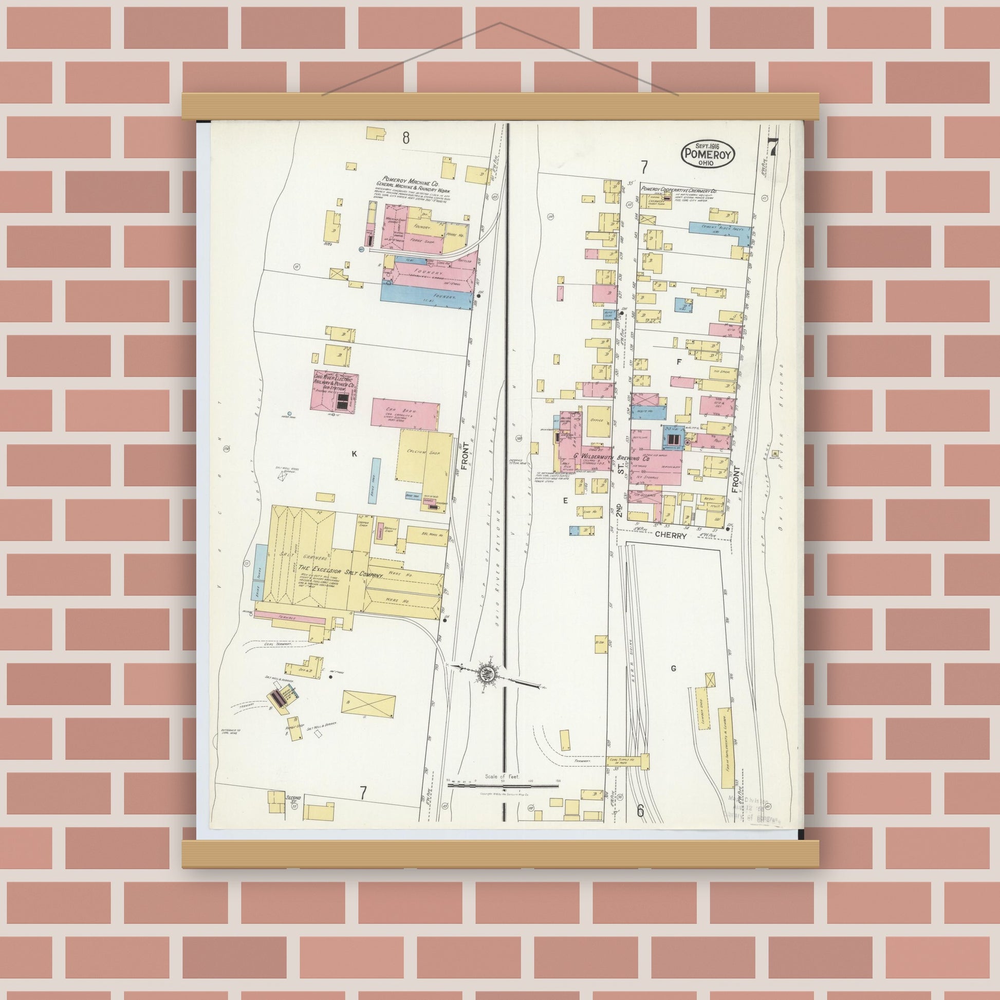 Old map wall art mockup — magnetic wood frame on brick wall — Sanborn Fire Insurance Map from Pomeroy, Meigs County, Ohio (1916), Sheet #0007