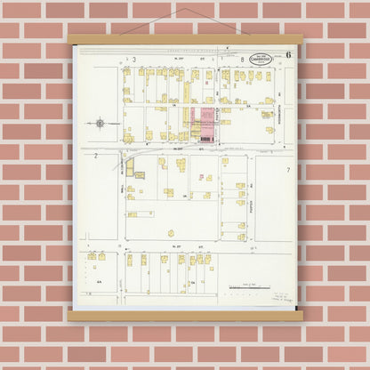 Old map wall art mockup — magnetic wood frame on brick wall — Sanborn Fire Insurance Map from Cambridge, Guernsey County, Ohio (1909), Sheet #0006