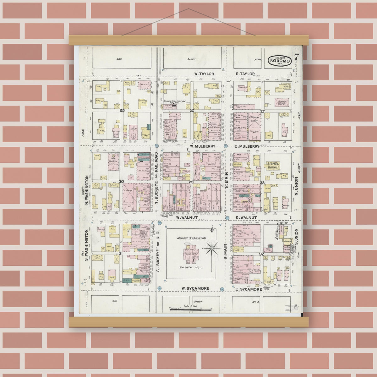 Old map wall art mockup — magnetic wood frame on brick wall — Sanborn Fire Insurance Map from Kokomo, Howard County, Indiana (1889), Sheet #0007