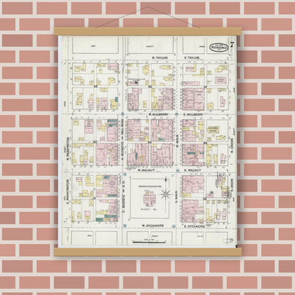 Old map wall art mockup — magnetic wood frame on brick wall — Sanborn Fire Insurance Map from Kokomo, Howard County, Indiana (1889), Sheet #0007
