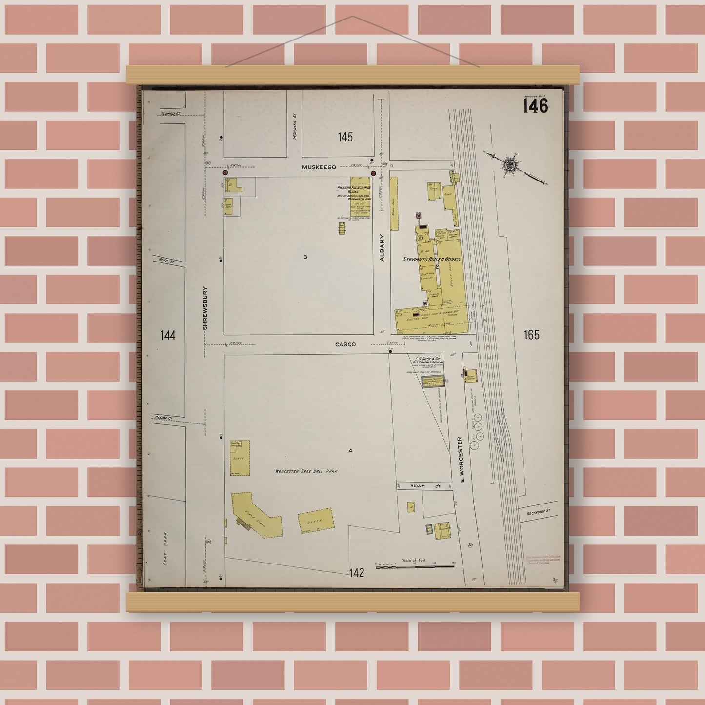 Old map wall art mockup — magnetic wood frame on brick wall — Sanborn Fire Insurance Map from Worcester, Worcester County, Massachusetts (1910), Sheet #0146
