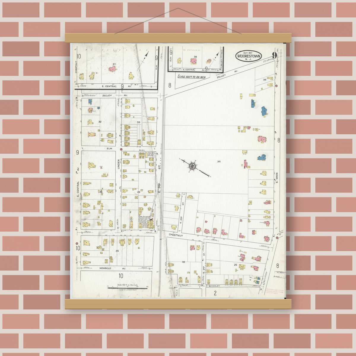 Old map wall art mockup — magnetic wood frame on brick wall — Sanborn Fire Insurance Map from Moorestown, Burlington County, New Jersey (1917), Sheet #0009
