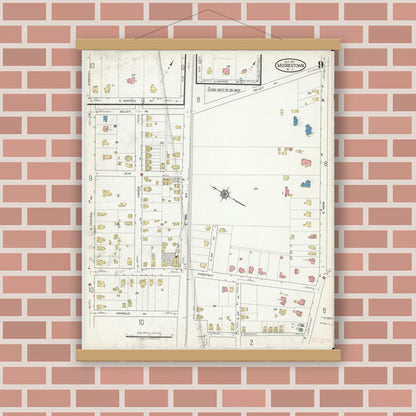 Old map wall art mockup — magnetic wood frame on brick wall — Sanborn Fire Insurance Map from Moorestown, Burlington County, New Jersey (1917), Sheet #0009
