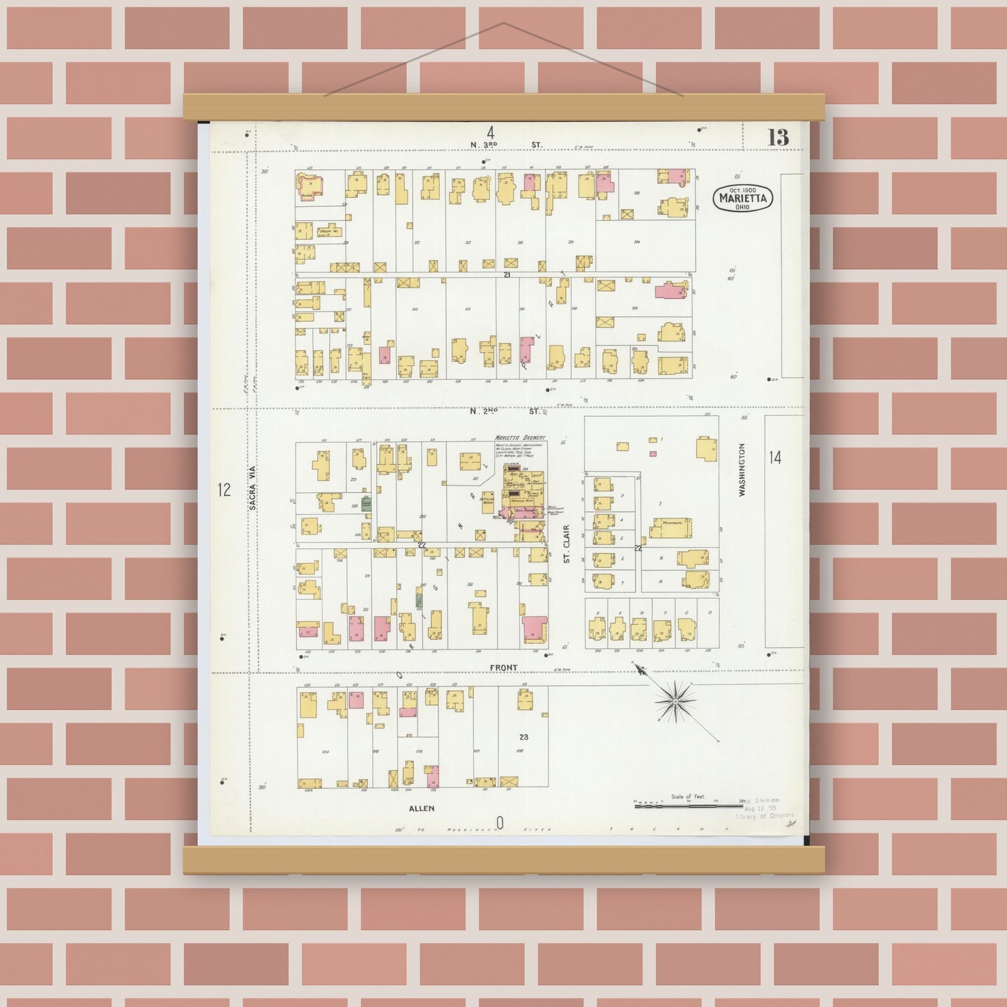 Old map wall art mockup — magnetic wood frame on brick wall — Sanborn Fire Insurance Map from Marietta, Washington County, Ohio (1900), Sheet #0013