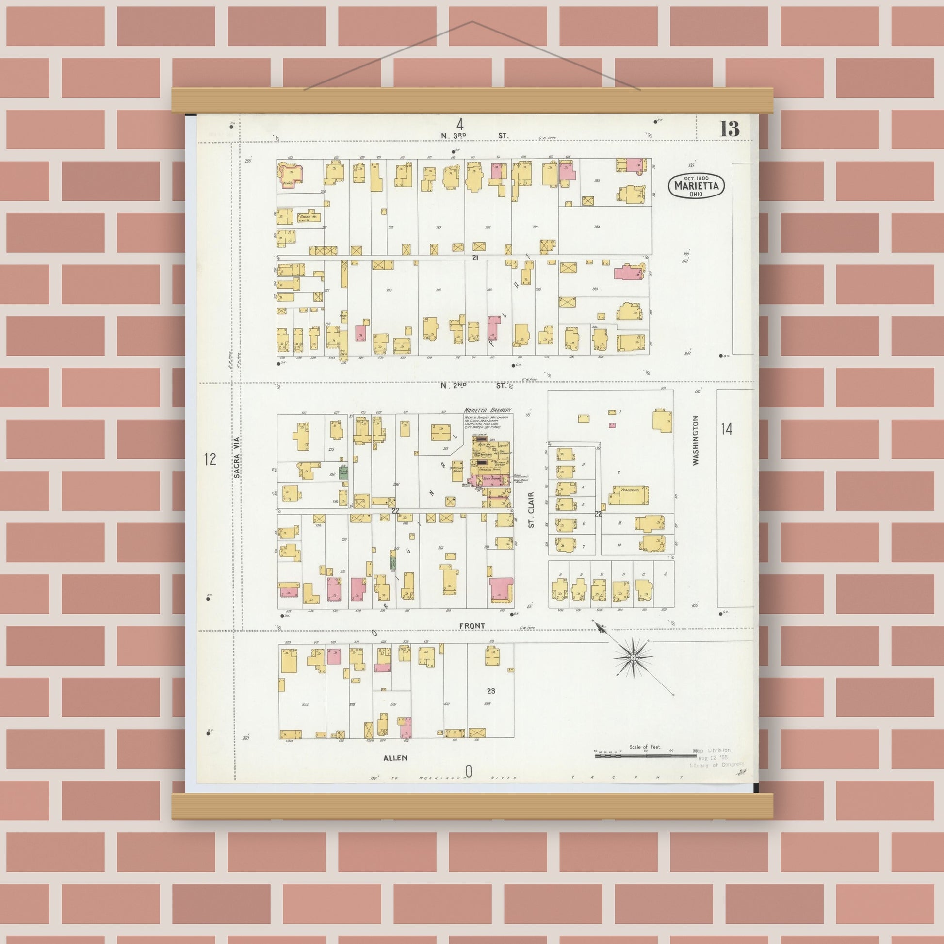 Old map wall art mockup — magnetic wood frame on brick wall — Sanborn Fire Insurance Map from Marietta, Washington County, Ohio (1900), Sheet #0013
