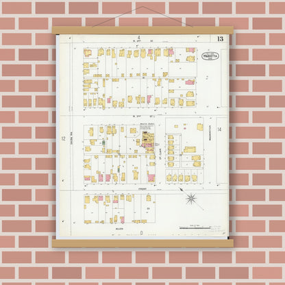Old map wall art mockup — magnetic wood frame on brick wall — Sanborn Fire Insurance Map from Marietta, Washington County, Ohio (1900), Sheet #0013