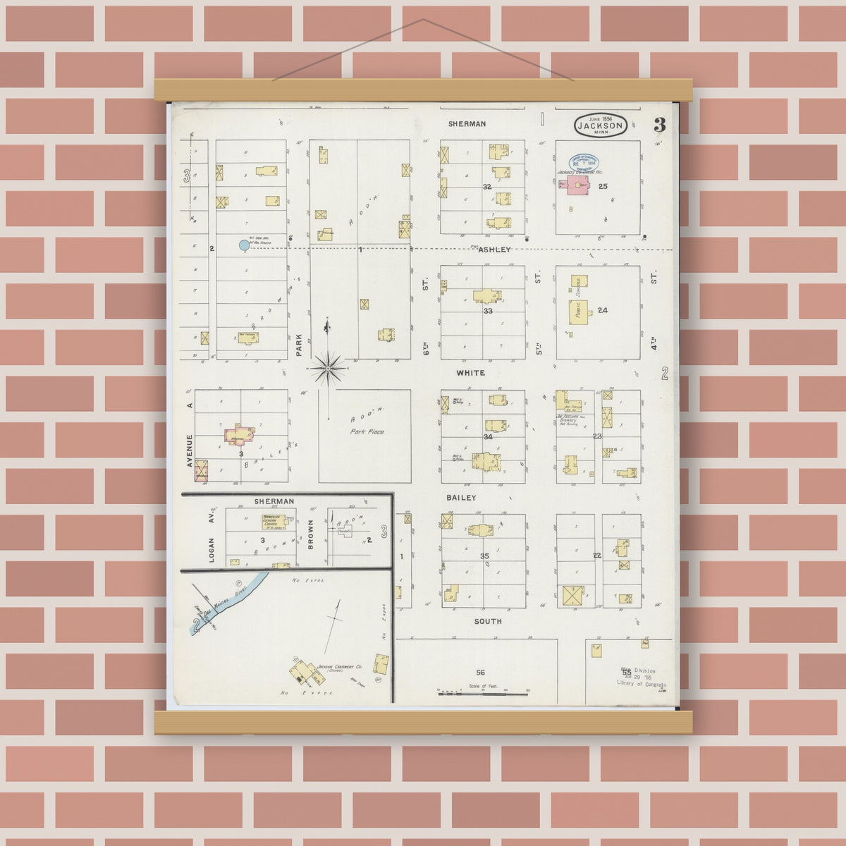 Old map wall art mockup — magnetic wood frame on brick wall — Sanborn Fire Insurance Map from Jackson, Jackson County, Minnesota (1894), Sheet #0003