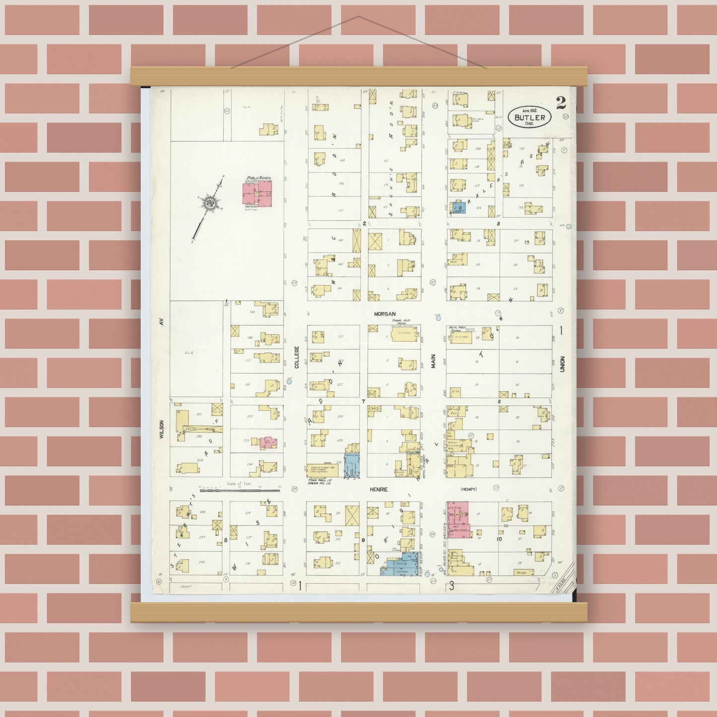 Old map wall art mockup — magnetic wood frame on brick wall — Sanborn Fire Insurance Map from Butler, Richland County, Ohio (1912), Sheet #0002